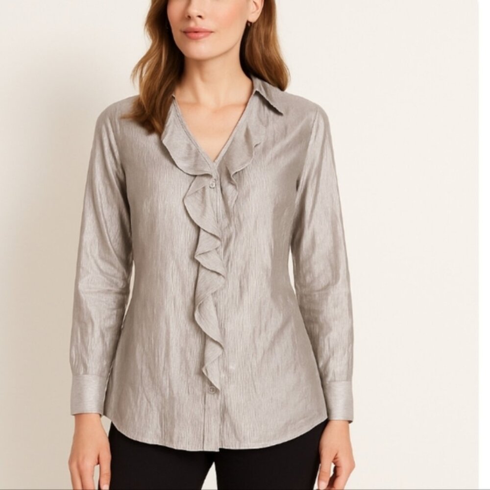 Chico’s Metallic Silver Long Sleeve Ruffle Blouse Button-Up V-Neck Medium